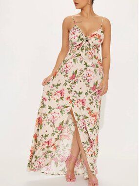 Floral High Slit Maxi Dress - Tan